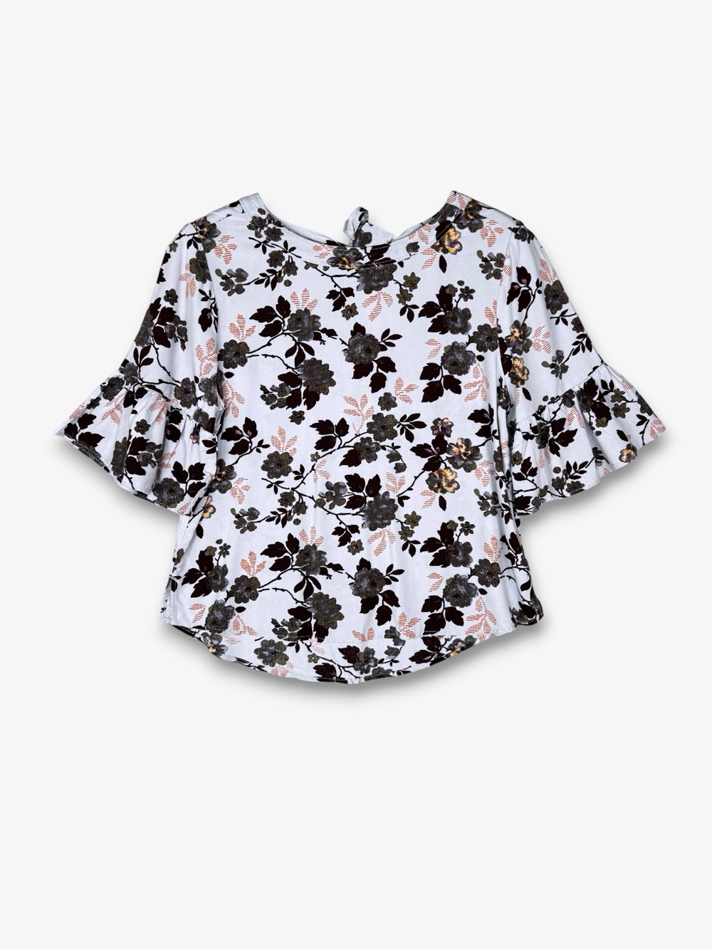SUSINA Floral Ruffle Blouse S Light Blue Brown Back tie‎ Top Casual Cottagecore
